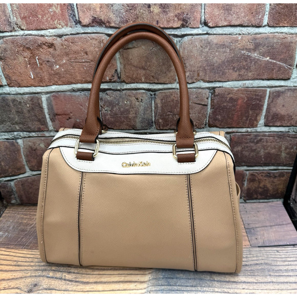 Calvin Klein Tri Colored Neutral Beige White Satchel Handbag Purse Faux Leather - Picture 1 of 16